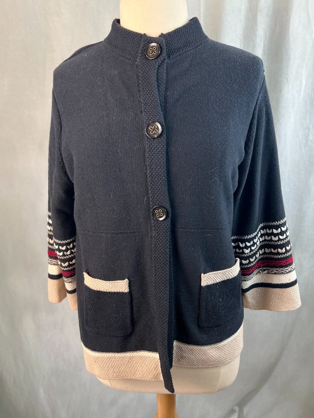 Women’s Columbia Black  100% Cotton 3/4 Sleeve Cardigan  Medium Fair isle Nordic